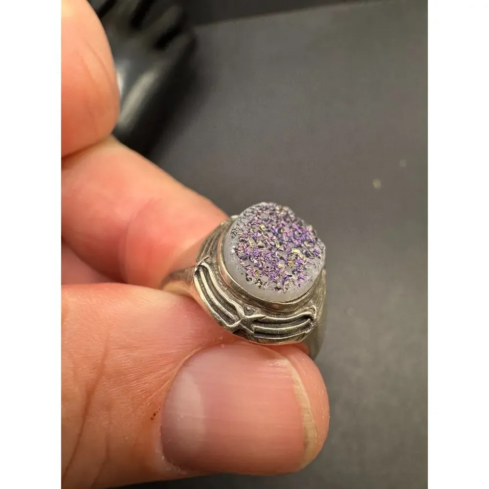 Vintage Purple Druzy Quartz Ring Sterling Silver 925 NB Signed Size 8